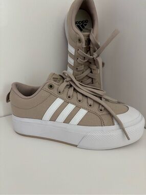 adidas Beige Canvas Platform Sneakers with White Stripes
